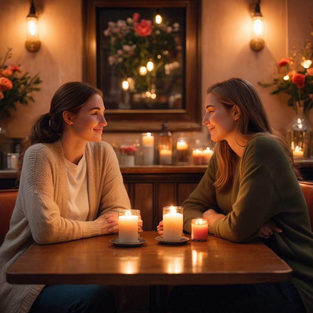 A warm, intimate scene depicting two people sharing a heartfelt conversation in a cozy cafe, surrounded by soft lighting and heart-themed decor. Emphasize their emotional expressions and body language that convey connection and understanding, with a backdrop of romantic elements like flowers and candles. Capture a sense of warmth and love in the atmosphere. super-realistic. soft colors. warm lighting.