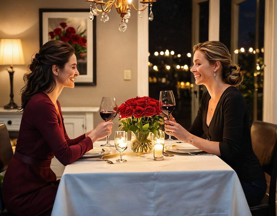 An intimate candlelit dinner setting in a cozy room, with two wine glasses filled with red wine and a bouquet of fresh roses on the table. In the background, a couple is sharing a laugh and gazing into each other's eyes, radiating love and trust. Soft, warm lighting enhances the romantic atmosphere. super-realistic. vibrant colors. warm tones.