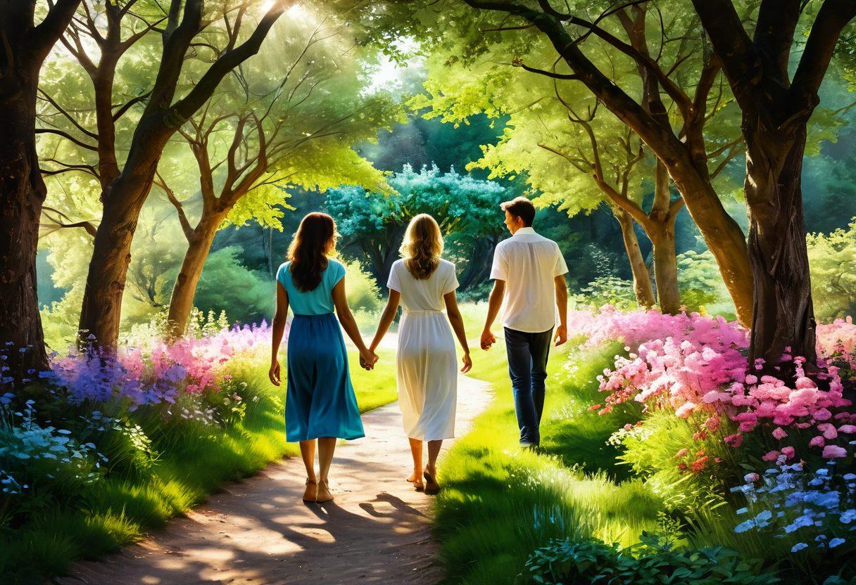 A heartwarming scene depicting two individuals on a journey together, walking hand-in-hand through a lush, blooming landscape. Soft sunlight filters through the trees, illuminating their joyful expressions as they share tender moments. In the background, a winding path symbolizes the journey of love and commitment they are embracing. The scene conveys warmth, connection, and growth. vibrant colors. super-realistic.